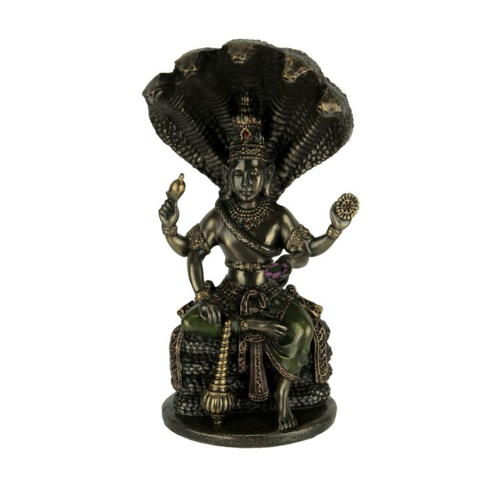 Bronze Finish Vishnu Sitting On Shesha Holding Weapons and Lotus Statue